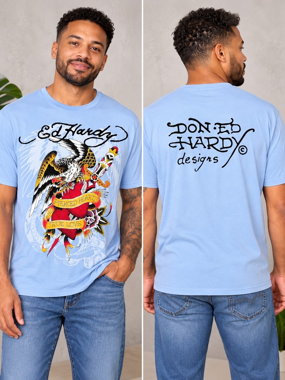 Ed Hardy XL Pierced Hearts Eagle Rhinestone Graphic Tee Blue Y2K